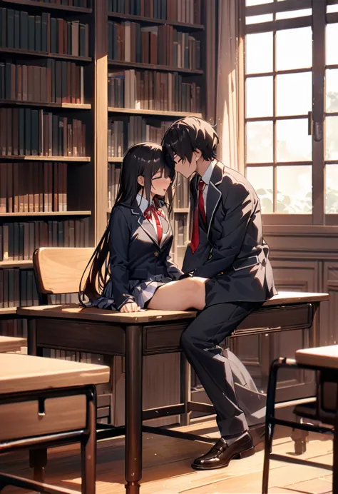 （masterpiece, best quality:1.2)、male、黒いschool uniform, 黒のblazer,  red tie 、large desk、under the desk、 spreads legs、 sitting on a...