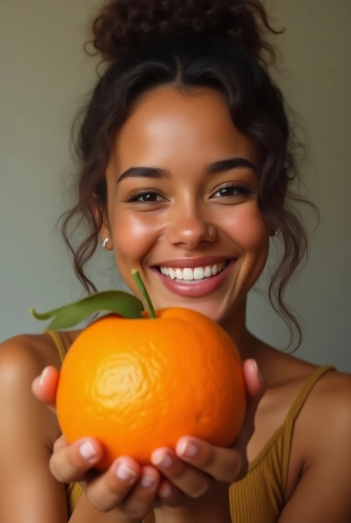 A picture of a person holding an orange and smiling 