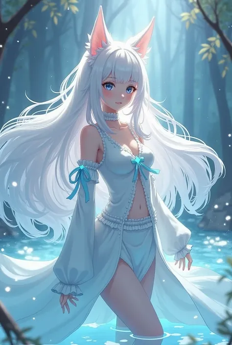 anime,  a girl with pale fur , with mystical powers , power of water,  she wears a long sleeve blouse with a skirt,  she has shiny white hair 