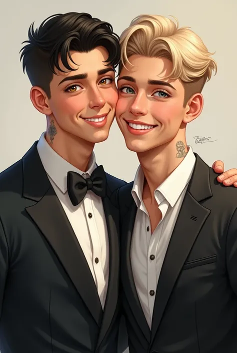  realistic style , Man in his mid-20s, with black hair and amber eyes,  a neck tattoo and in formal dress with beard shadows with his husband the same outfit but light blonde with blue-gray eyes and no beard shade, Both are happy . 