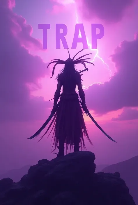 A warrior from Colombia , The purple sky with rays and in large letters the word "trap"