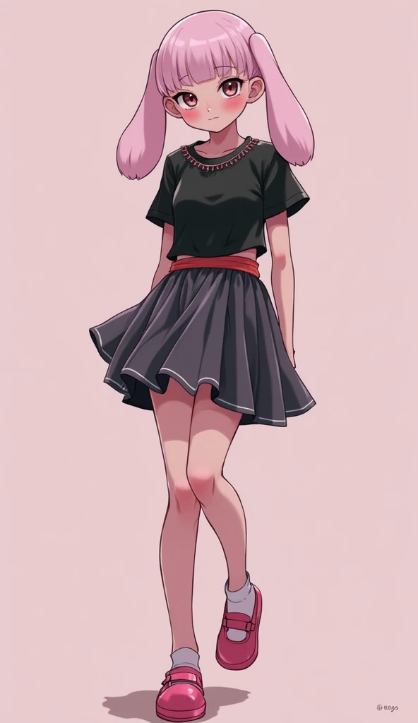 1 girl has pink skin, she has no hair, she has a cute bunny face, she wears pink shoes, she stands with a shy posture, she wears red underwear, anime animation style