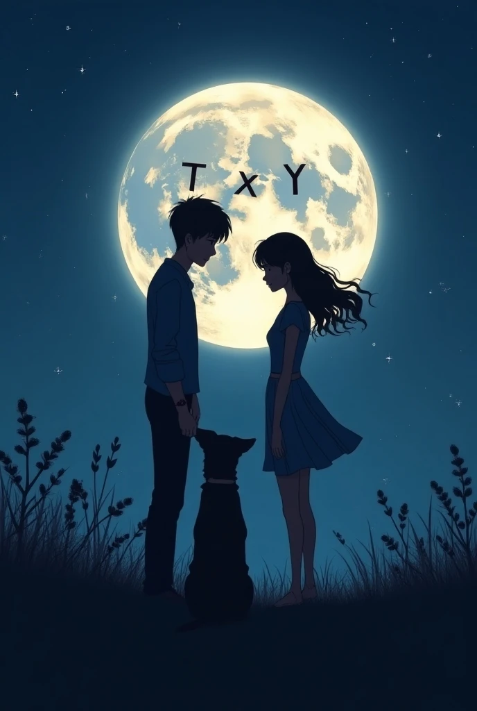  create a photo of a very happy couple,  on a night with the full Moon everyone happy watching them  , And on the moon it says T x Y  , Let it be more anime style  .  also that there is a pet dog that is black with coffee , Lets see the couples face 