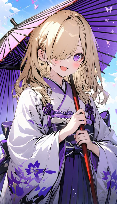 1girl, solo, looking at viewer, blush, smile, open mouth, blonde hair, long sleeves, purple eyes, flower, japanese clothes, medium hair, wide sleeves, kimono, hair over one eye, bug, butterfly, hakama skirt, holding umbrella, oil-paper umbrella, egasumi, y...