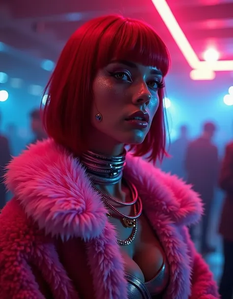 ultra-realistic, photorealistic, dramatic scene, shadow, global-illumination, solo, Girl、fog、 rain, wet, cyberpunk, character is a Singer performing in an underground club, wearing edgy, futuristic attire. Dim, smoky atmosphere with neon lights illuminatin...