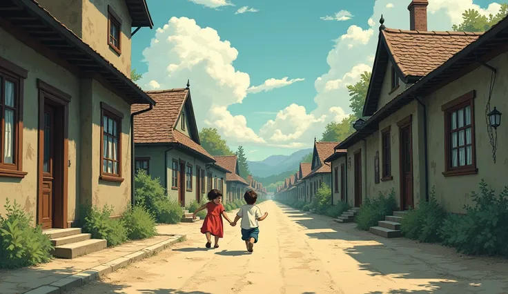 Small Town Atmosphere:
Show scenes of a quiet, 1930s small town, with old houses, dirt roads, and ren playing outside. This setting should feel peaceful yet a bit melancholic, hinting at the hidden tensions in the community.