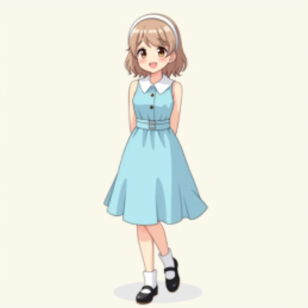 anime, Illustration, anime style, female, young adult woman, woman in early 20s, pastel blue dress, sleeveless, white collars, light brown hair, shoulder-length hair, knee-length hemline, straight hair, brown eyes, black mary jane shoes, white socks, white...