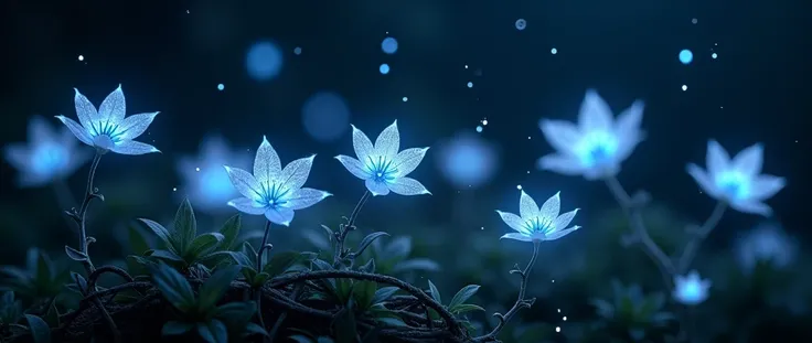 Small vines  ,   star-shaped flowers glow faintly in the dark  .   flowers only bloom at night  ,   shine even more in starlight