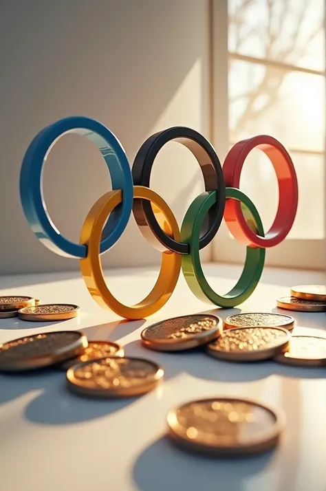 Photo with Olympic rings and medals
