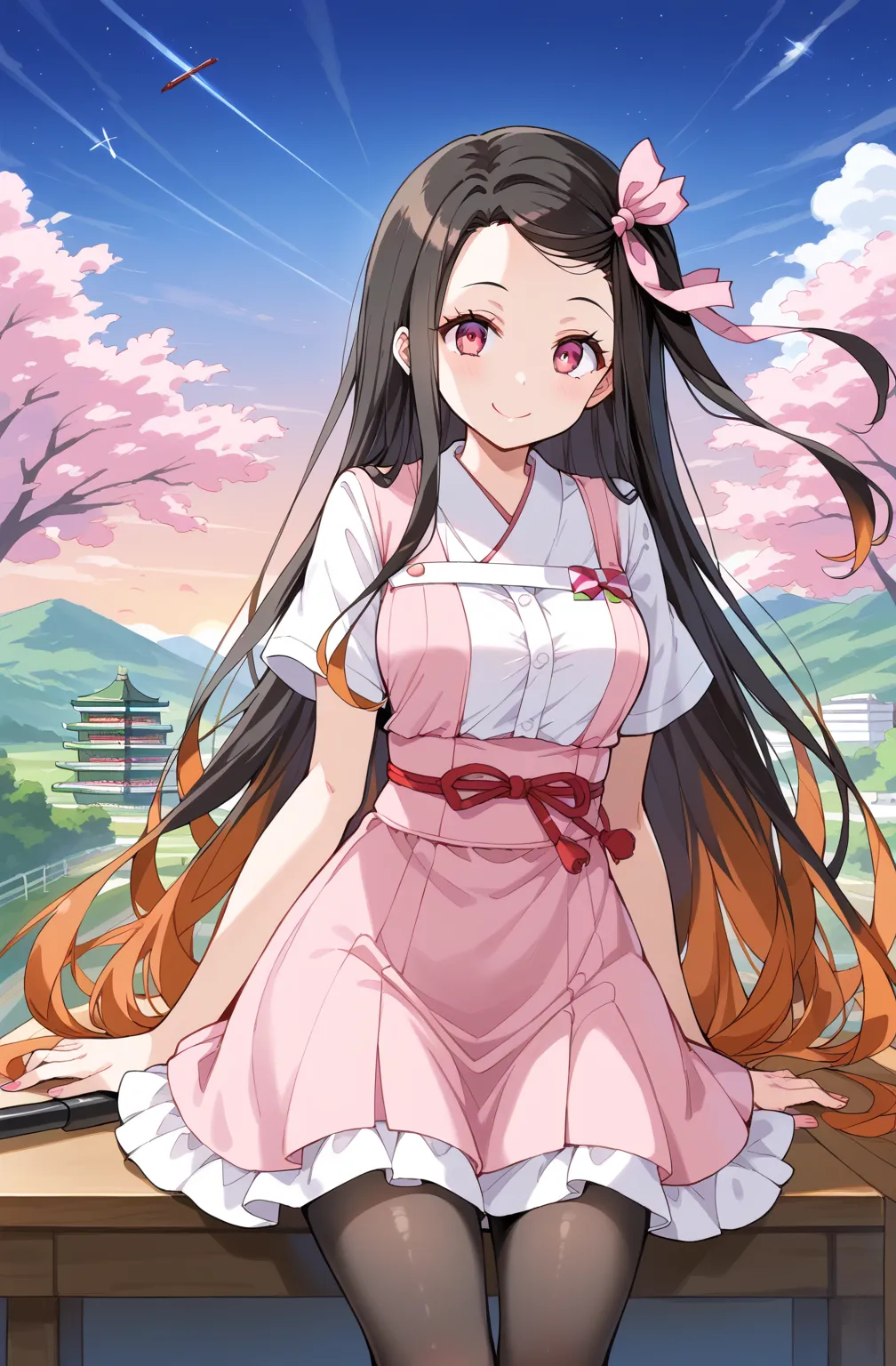 source_Cartoon, Morning Fragrance  ,    deep black hair with red .. Long Target Hair , ,  Extra Long Target Hair,  Pink Eyes , ribbon, Forehead ..ribbon, Kamado Nezuko,,  1 girl in , A brown , Ahead, Hair ribbon , common, long hair,  Black and Red Hair  , ...