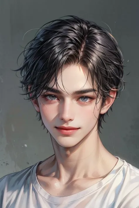 Portrait of the highest quality - 1 boy., 25 years, character from Final Fantasy XII, short curly hair, jet black hair, with gray eyes, big eyes, modern small town, Beautiful, sad smile, sorrow, dynamic pose, detailed and correct facial structure, perfect ...