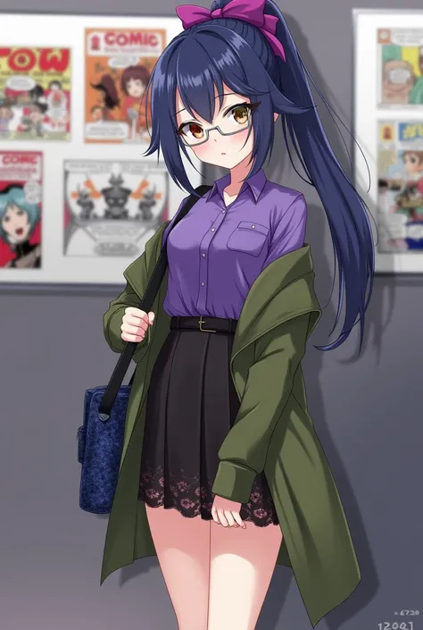  Dark Blue Long Ponytail with Purple Bow 、 Different Color Eyes （Left red、Right olive green）、 Silver Frame Glasses 、whole body義肢、Purple Mens Shirt with Black Lace and Knee Length Skirt、 Army Green Military Coat、 Black Womens Leather Shoes 、 Carry a Dark Bl...