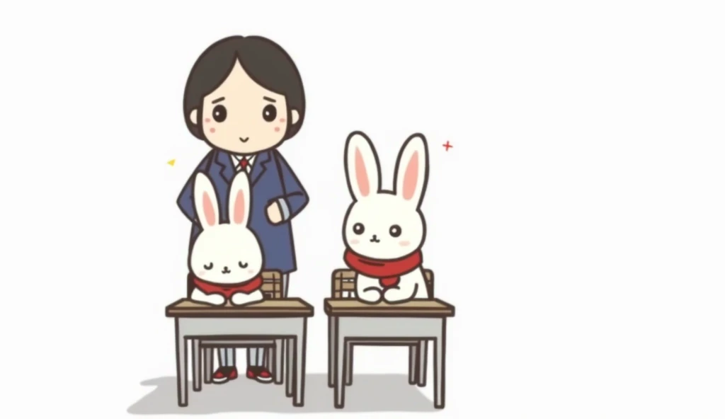 Two bunnies wearing red scarves each sit in front of the two tables next to each other， to imitate a red scarf ， a girl in a Chinese school uniform sitting in front of her desk to learn simple shapes，No background required，Focus on the two rabbits to imita...