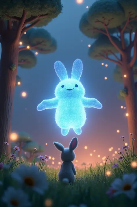 Need 3D animation-Luma, now in her glowing creature form, meets Sprig, a brave and friendly bunny. The bunny stands in a meadow, looking up at Luma, who glows brightly. Around them, the environment is magical, with floating lights and trees sparkling in th...