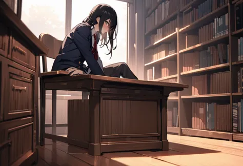 （masterpiece, best quality:1.2)、male、黒いschool uniform, 黒のblazer,  red tie 、large desk、under the desk、 spreads legs、 sitting on a...