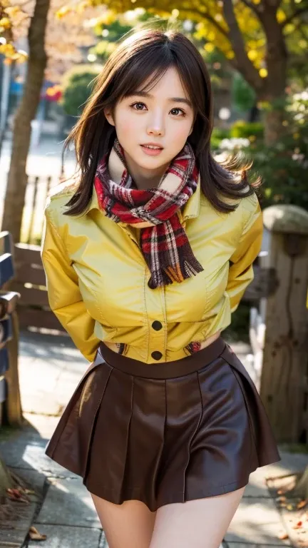 (8k, RAW photo, photorealistic, HQ, masterpiece), a cute Japanese woman, (glowing eyes), 
(), brown hair, medium breasts, (Cute late autumn outfits), (Scarf, down jacket, tight long skirt) , blurred background, depth of field, natural lighting, backlightin...