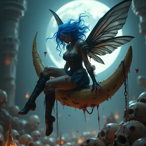  a beautiful fairy sitting on a moon splinter.  big breasts , Blue hair, floating hair, Full body,  dynamic pose .  high resolution . blood on clothes, blood on face, faceless, stout limbs, demon wings, flying, devil, skulls, chains, spikes, skull pauldron...