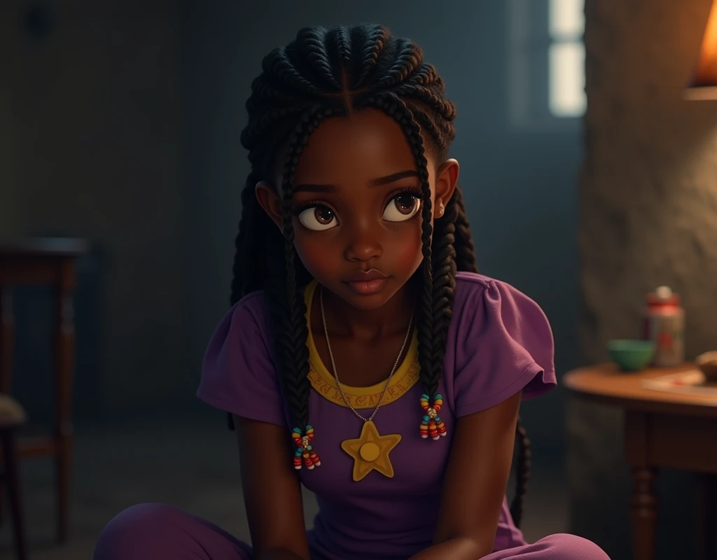 Prompt: A young Ghanaian girl, Abna, sits in a dimly lit room, lost in thought with a fearful expression as she recalls Awo Dedey’s soup. Her deep brown skin glows in the low light, and her bright, curious eyes show a flicker of dread. Her neatly braided c...