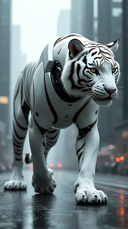 Create an image of a fusion robot of  WHITE tiger and mercedes standing like a tiger