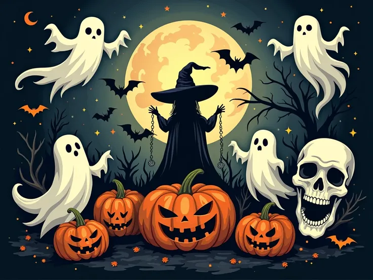 Spooky illustrations: Vector or abstract designs of ghosts, pumpkins, witches, and skulls. --ar 16:9
