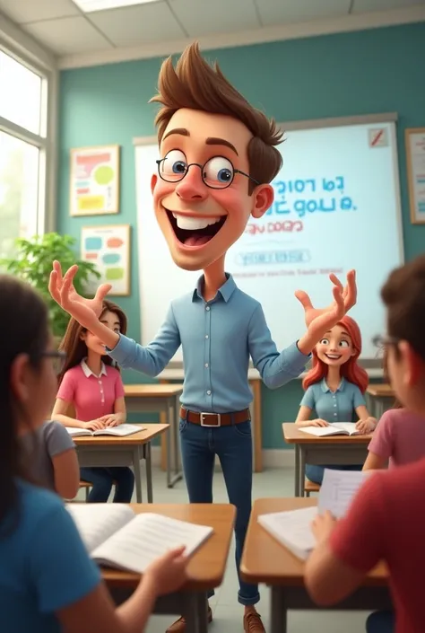 

---

**prompt:** "A smiling male English teacher ,  teaching a diverse group of students in a modern and well-lit classroom . caricature type.  There is a white board with written English phrases ,  open English books on the tables ,  and colorful graphi...