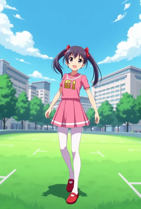 12years old girl, pink cheerleader, white pantyhose, twintail hair, red uwabaki, school field 