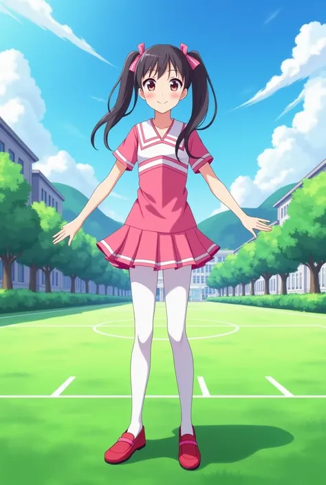 12years old girl, pink cheerleader, white pantyhose, twintail hair, red uwabaki, school field 