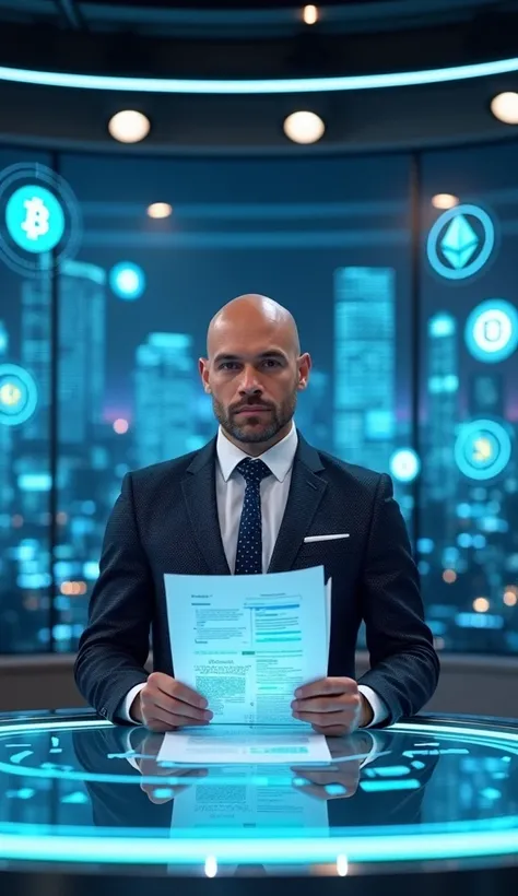 "A digital news anchor inspired by the world of cryptocurrencies, similar to Satoshi Nakamoto. The character is sitting behind a futuristic news desk with holographic screens displaying cryptocurrency logos and blockchain data. The anchor is wearing a mode...