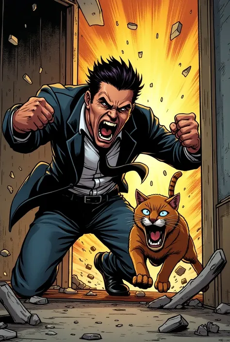   Comic book In a scene of fury ,  the male protagonist attacks the cat . Pluto tries to escape , "