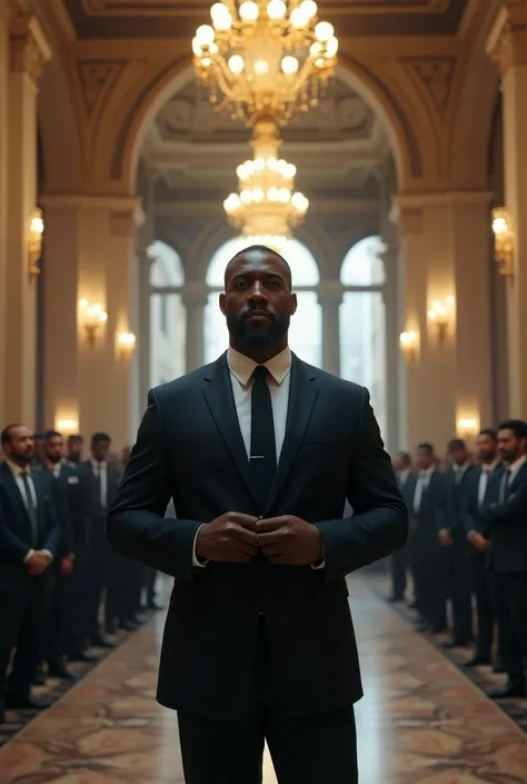 A very handsome black man in a suit , In a huge hall and his white employees behind him and lots of new vans park there and his white employees listen carefully. Make the hall an important part of the picture 