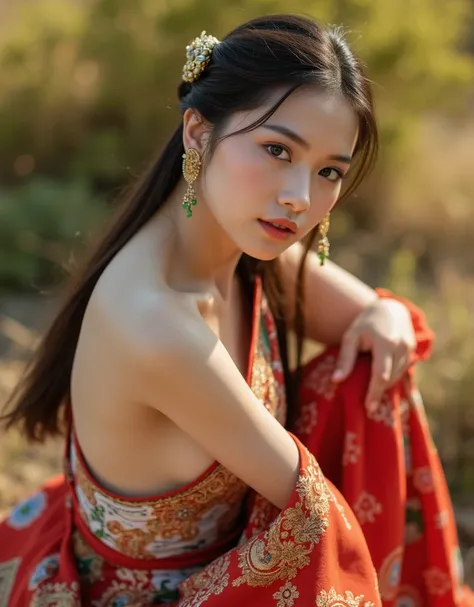 beautiful young thai woman, traditional thai dress, , side sitting, ultra-detailed, (best quality,4k,8k,highres,masterpiece:1.2),ultra-detailed,(realistic,photorealistic,photo-realistic:1.37),beautiful detailed eyes,beautiful detailed lips,extremely detail...