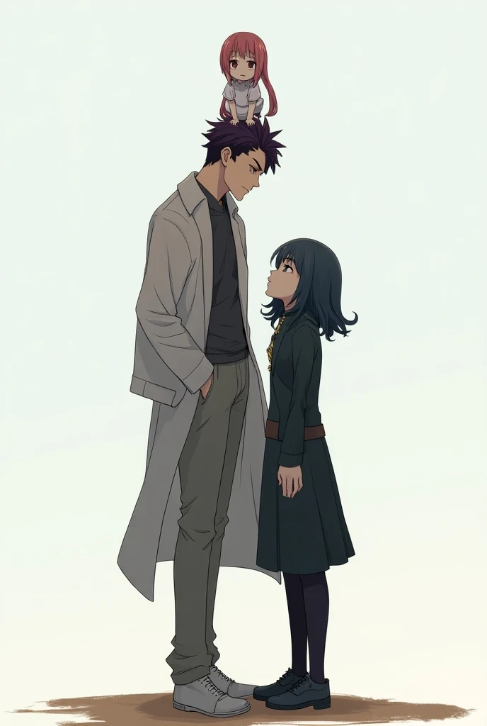 Anime scene of a man standing on the ground with one and other on a girls head who is kneeling down towards him