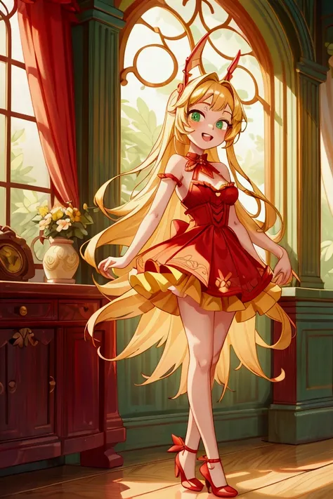 (Masterpiece, best quality) 1 girl, standing indoors with intricate details and sunlight, red and yellow frilled dress with short neckline, red shoes, blonde long hair, green eyes, sexy smile, teeth showing, sexy pose, coquette, beautiful long legs, mature...