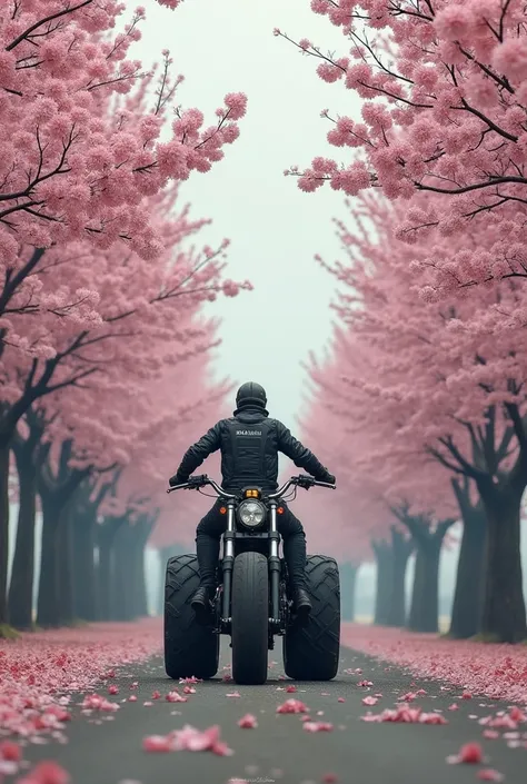 Sakura Avenue in a one halk  man setting in a bike like Harley David son her tiyer was big 