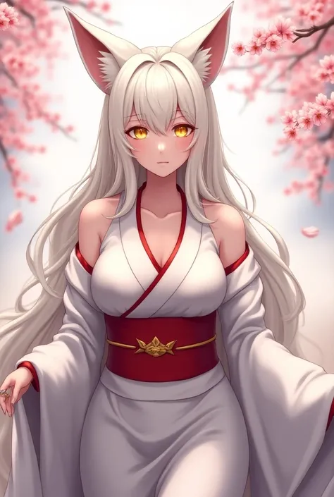 1girl, solo, fox, female, a white furred anthropomorphic fox, high quality digital art, 2D anime style, white fur, glowing yellow eyes, very long wavy white hair, white kimono with red sash, long sleeves, big breasts, side boob, looking at viewer, boob win...