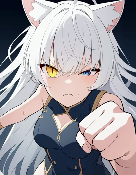 best quality , ultra detailed ,  highres icon ,anime style , from front , look at viewer ,One woman, ((long white hair)), (( Heterochromia,yellow right eye,blue left eye)), cat ears, 1 girl, medium breasts , long hair, solo, punching ,angry face, punching,