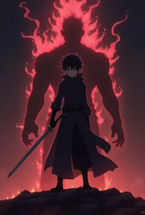 A anime holding his sword and behind him a dark image with only fire shapedsyumbol on the pinkish red eyes glowing in the dark menacingly behind the boy. The god of fire