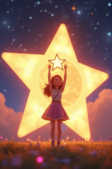 Need 3D animation-
Luma is holding the glowing, reassembled Star Key high above her head, standing in front of a giant, shimmering star. The night sky sparkles brilliantly as the balance between day and night is restored, with stars and constellations glow...