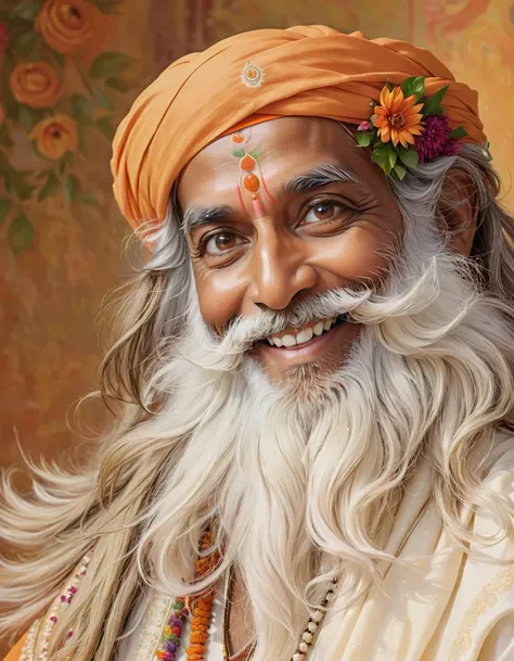 (((Masterpiece))), Best Quality,High-resolution photograph,realistic perspective,realistic hyper-detailed portraits, Create a high-definition, a portrait of Jagadish Vasudev 67 years of age,(((Jagadish Vasudev 1.5))), wearing orange turban and flower garla...