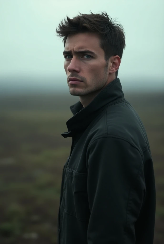  A young man with a worried expression looking at a distant horizon, then he turns to the camera 