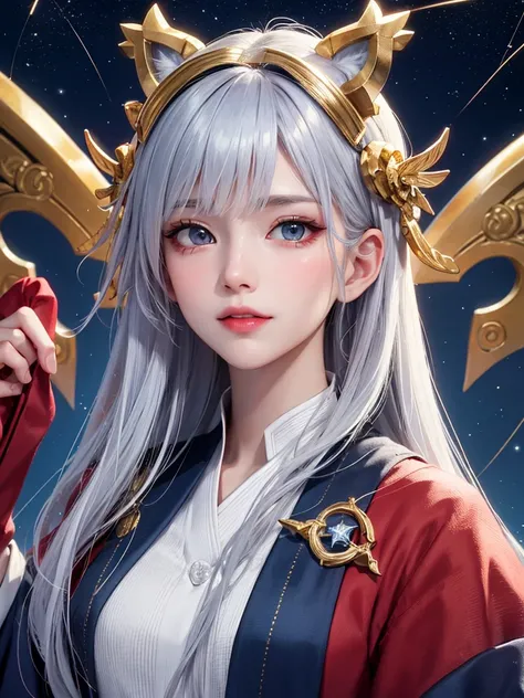 masterpiece，Best Quality，8k， detailed skin texture from fingertip correction， Detailed Cloth Texture ，Beautifully detailed face， complicated details，Ultra-detailed，Rei Ayanamiの肖像， Silver Hair，Red colored eyes， black headgear on the head,Pixieカット，Shining Sk...