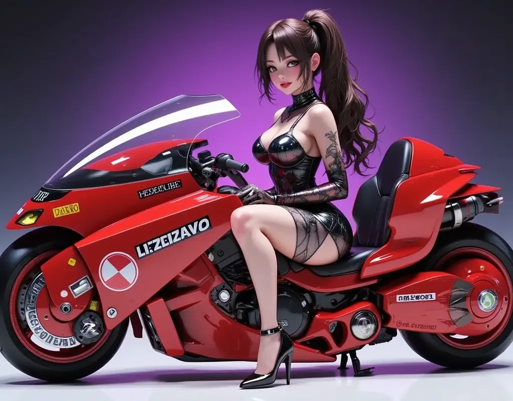 1girl,sitting,akira bike,lean back,put your foot forward,thick eyebrows,perfect sexy female body,(sexy and seductive pose:1.3),b...