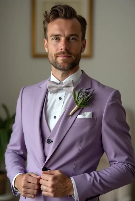 Man in 40s wearing Lavender   for wedding wide realistic 