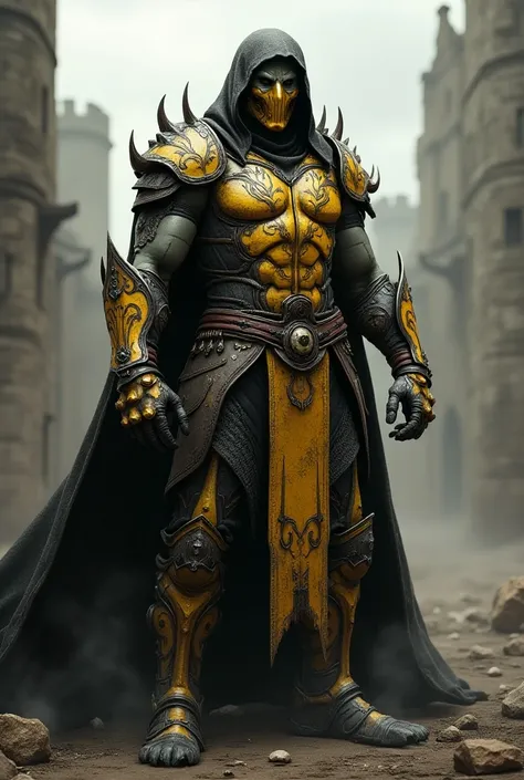 Scorpion character from Mortal Kombat wearing medieval armor with the characters colors and style 