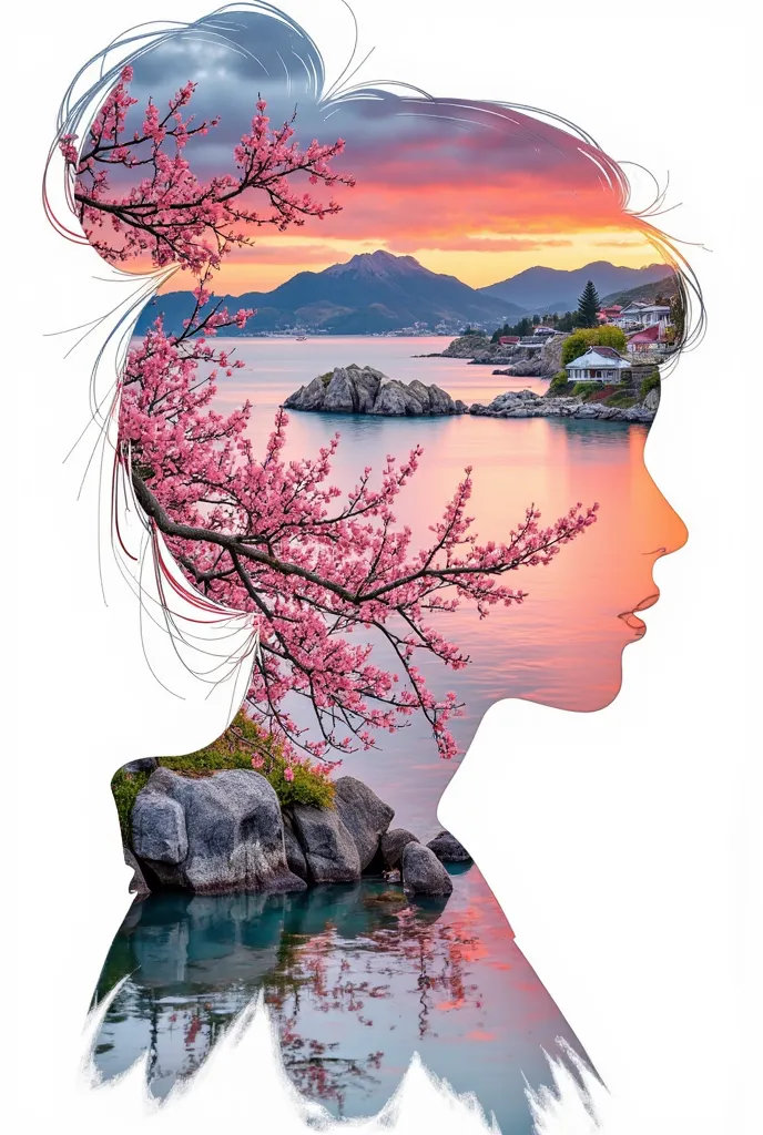 high quality, 8k ultra hd, a beautiful double exposure that combines an goddess silhouette, there's a serene with sunset coast, ...