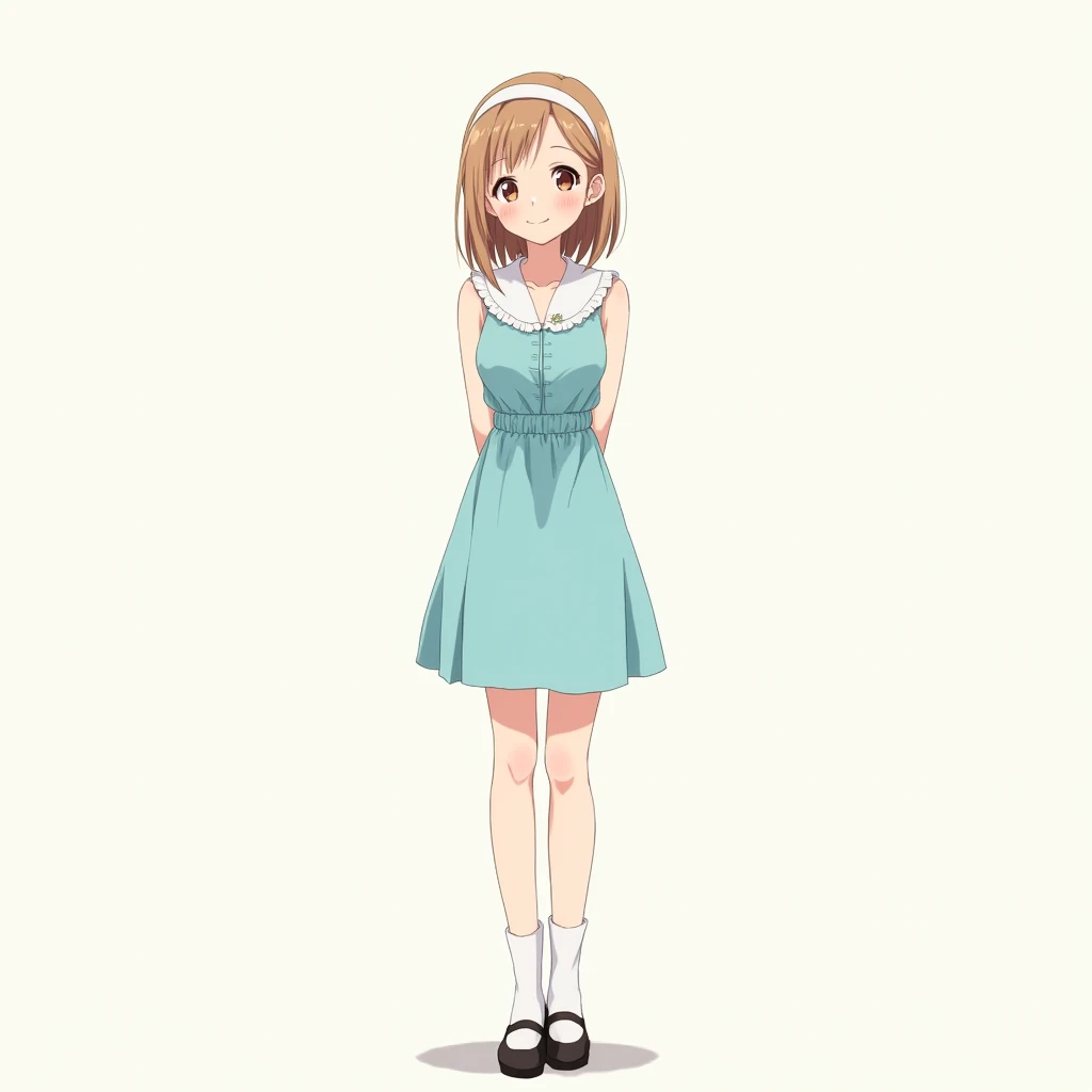 anime, Illustration, anime style, female, late teens/young adult, pastel blue dress, sleeveless, white collars, light brown hair, shoulder-length hair, knee-length hemline, straight hair, brown eyes, black mary jane shoes, white socks, white hairband, emph...