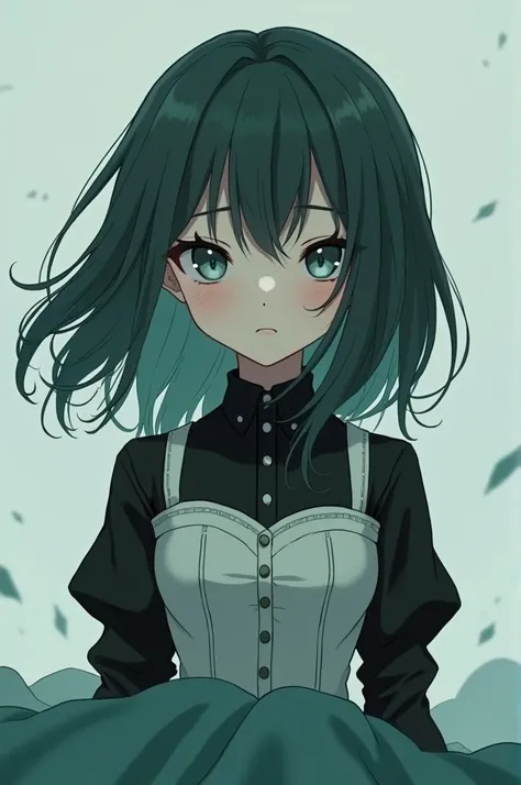 An anime girl with dark swampy green hair and gray-ish blue eyes. She has a shy nervous look. She wears a white corset over a formal black button up. She wears a thin flowy ashy matcha green skirt.