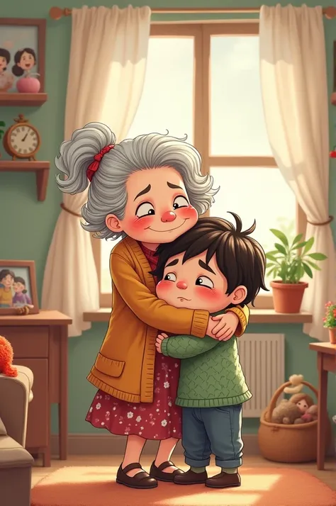 A cartoon grandmother and her crying  