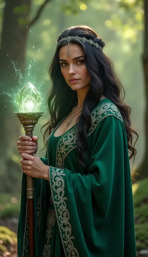 In a mystical realm where magic flows like a river, a powerful female sorcerer stands at the edge of an ancient forest. She bears a striking resemblance to Emilia Clarke, with long, dark hair cascading in soft waves around her shoulders, framing a face tha...