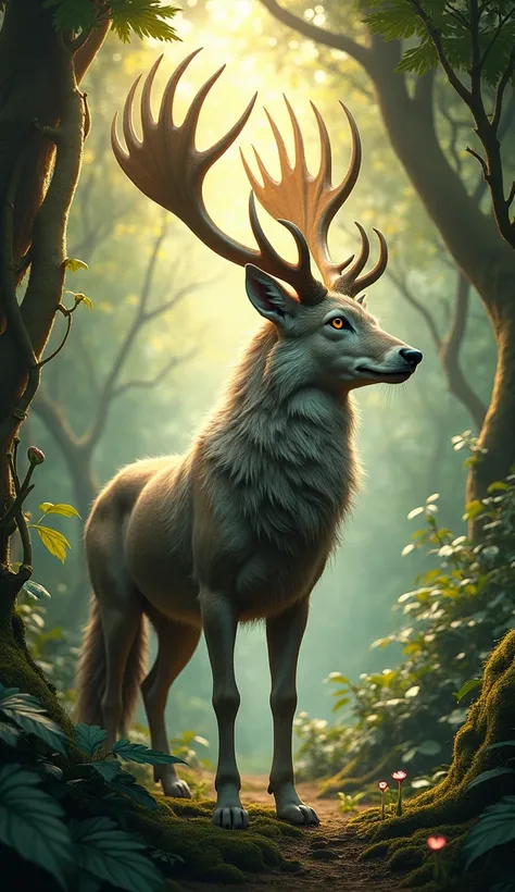Create an fusion image of a Deer and a Wolf standing in a jungle